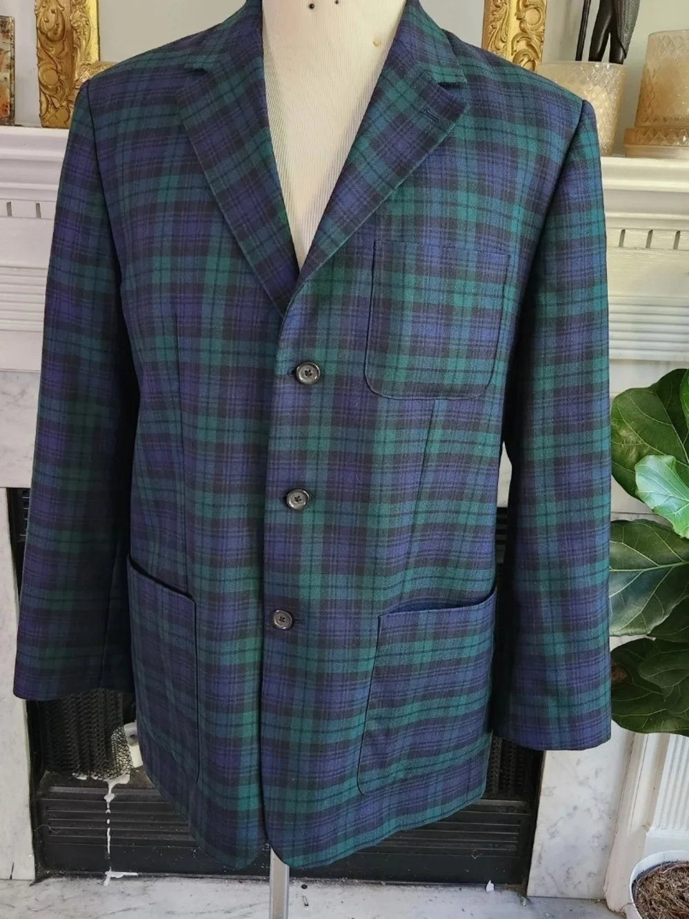 Vintage Y2K J Crew Green Plaid Blazer Blue Wool Preppy Old Money Academia Size L